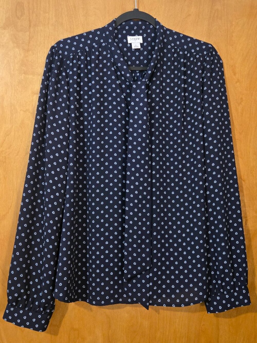 J.Crew Drapey Tie Neck long sleeve Navy w/ foulard polka dot white Large